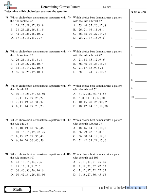 Determining Correct Pattern (+ , - ) worksheet